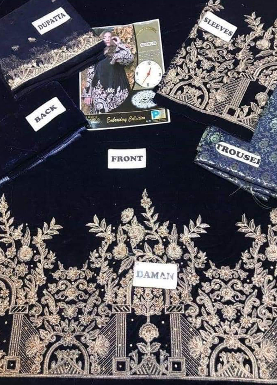 Embroidered Velvet 3 Piece Unstitched Suit D1127-D701-18 -N.BLUE-formal Wear
